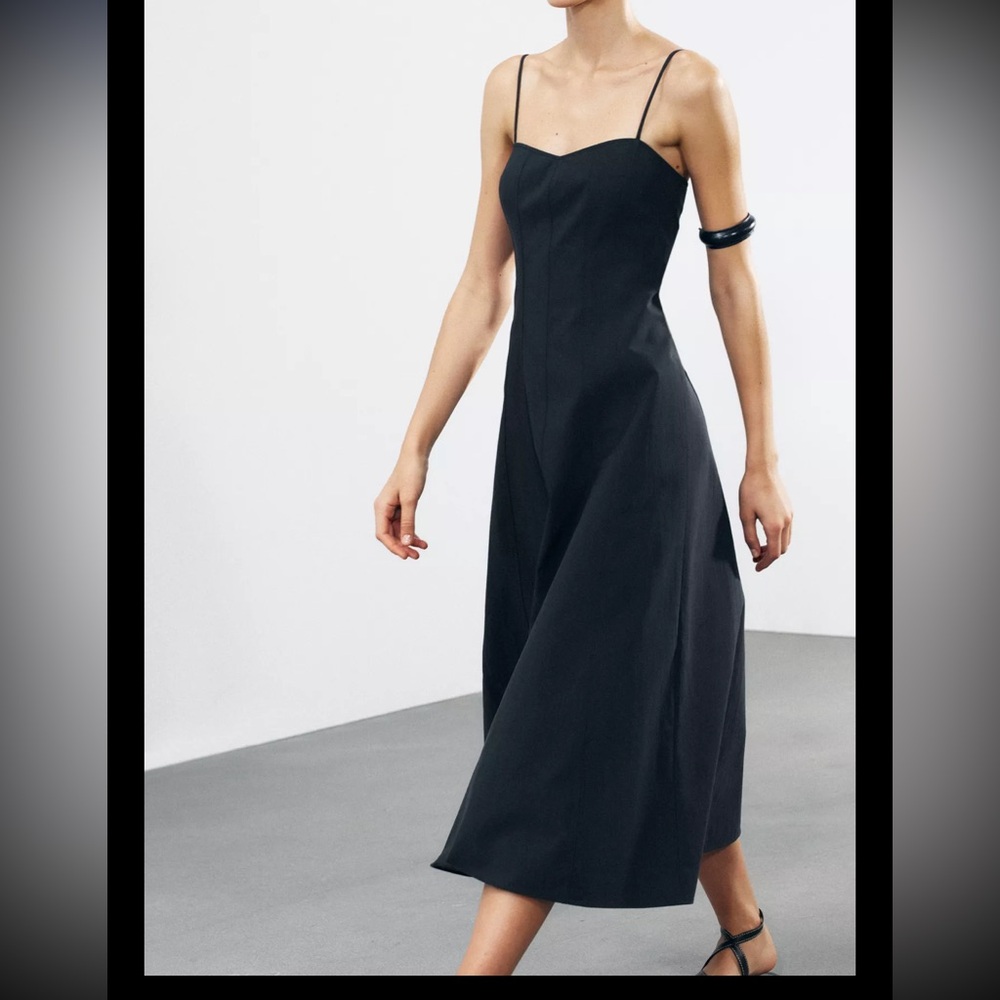 Zara Navy Blue Spaghetti Strap Midi Poplin Sundress-NWT